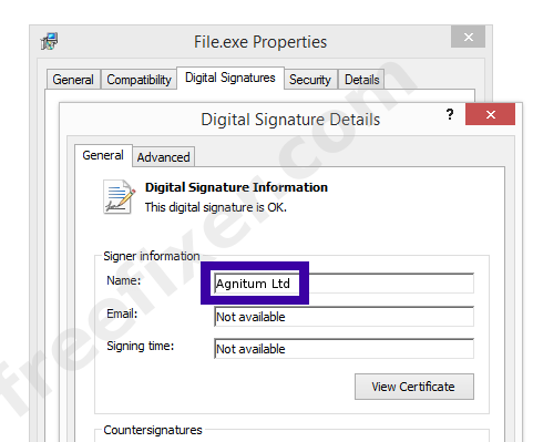 Screenshot of the Agnitum Ltd certificate